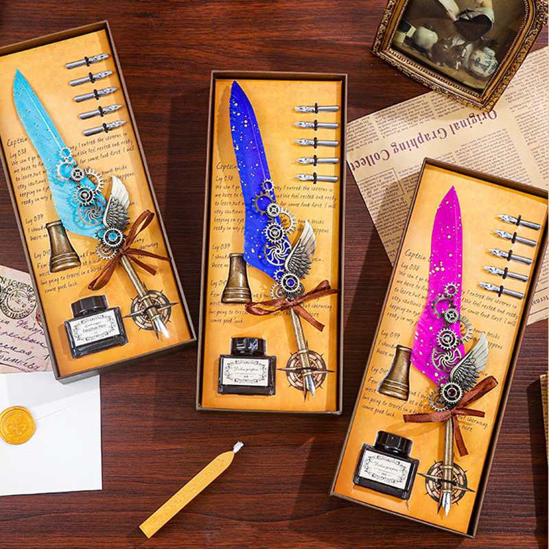 魔法宝石羽毛笔哈利波特欧式复古火漆印章蘸水笔学生专用钢笔礼盒