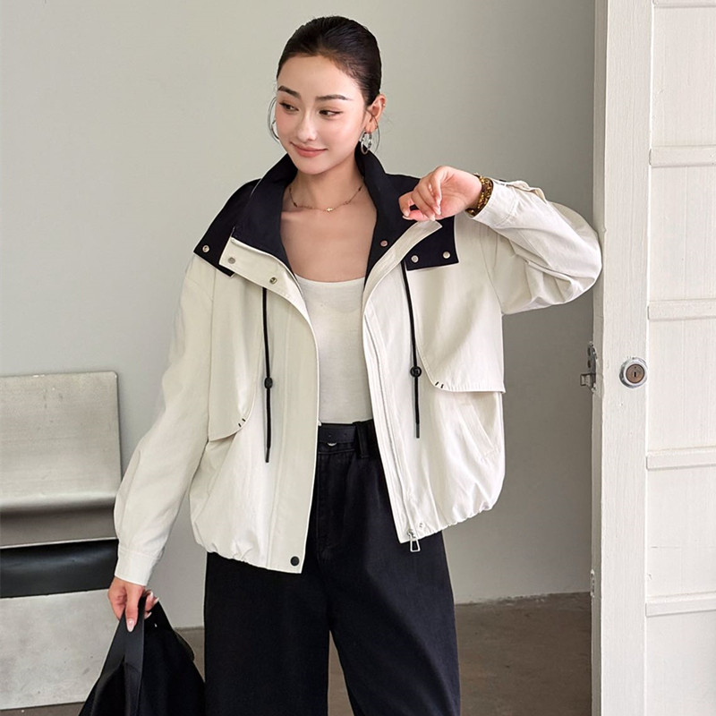 韩版宽松休闲连帽撞色短款风衣潮