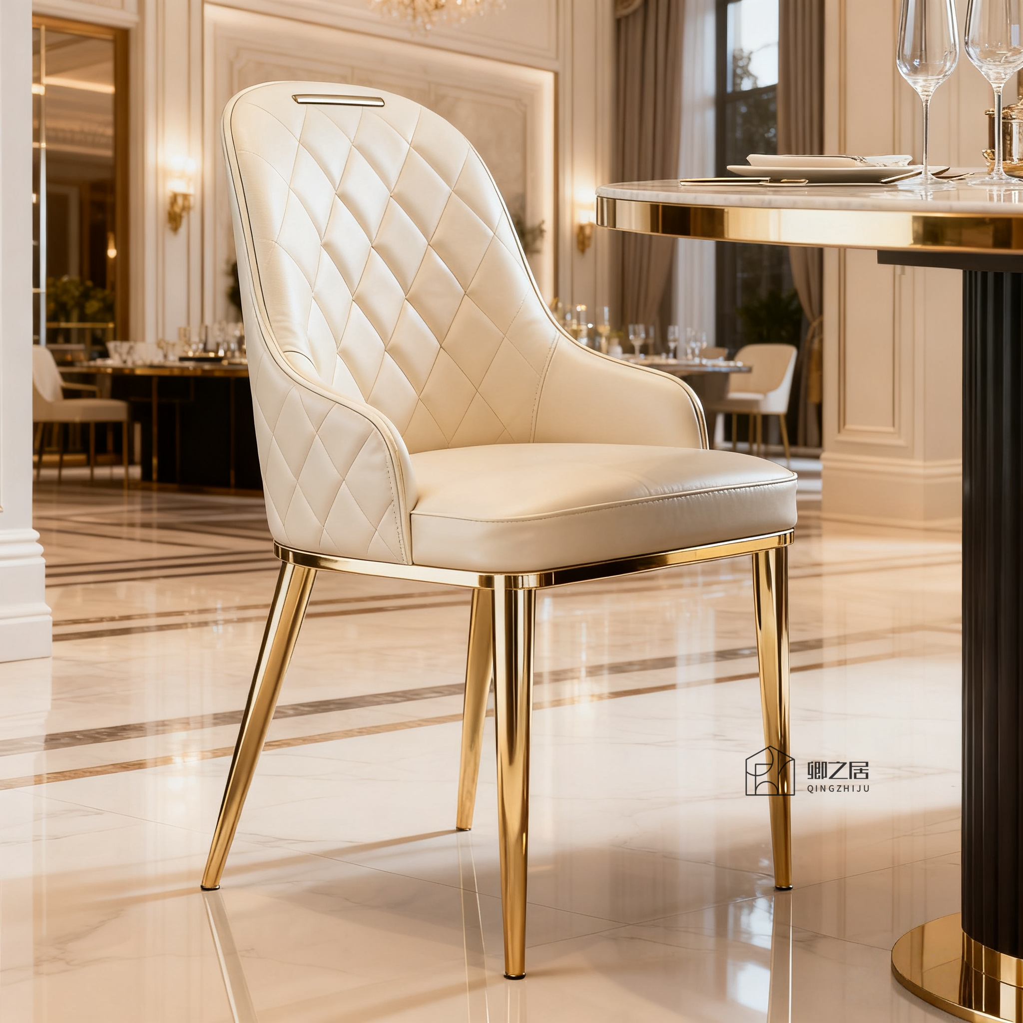 2026新款轻奢风不锈钢高档餐椅菱格软包设计师款家用餐厅别墅椅子