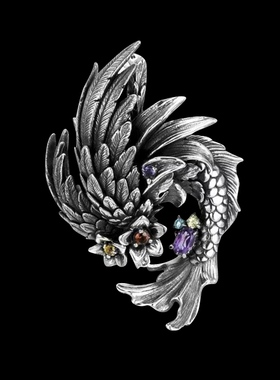 血腥玛丽BLOODYOURMARY飞鸟锦鲤融化鱼吊坠彩色宝石重工银饰项链