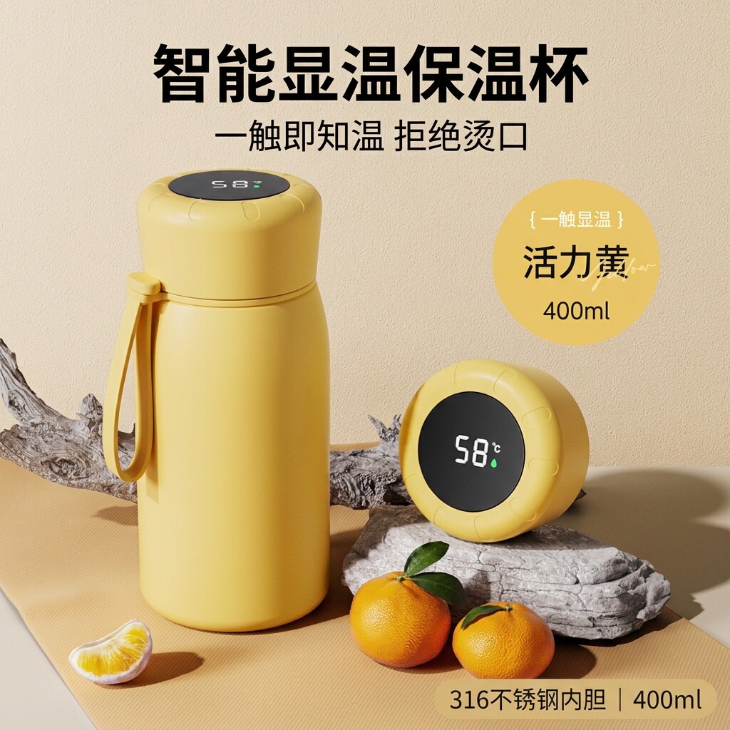 400毫升316不锈钢保温杯学生水杯智能显温带提绳便捷随行杯