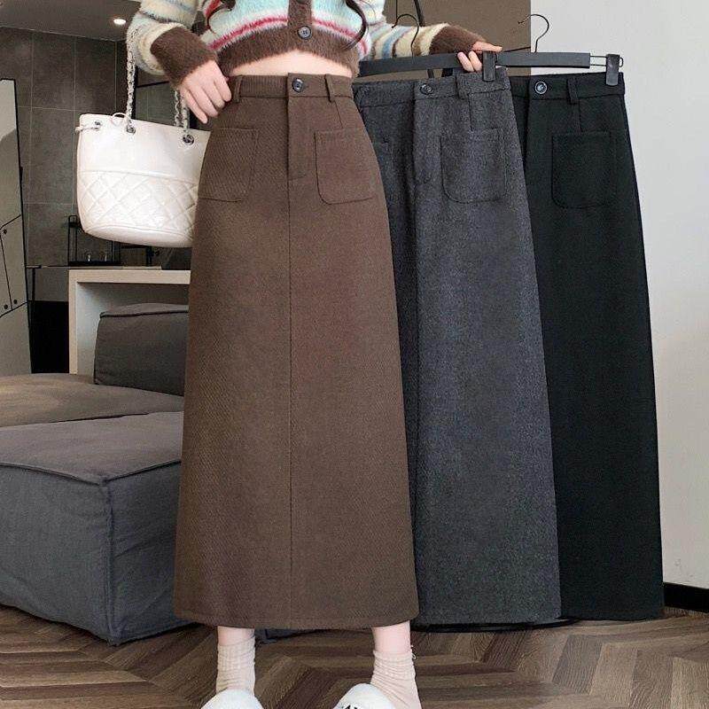 复古毛呢开叉半身裙女中长裙图片