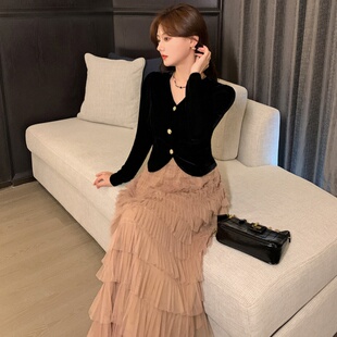 套装 气质V领上衣外套女赫本风胖mm大码 网纱蛋糕 黑色丝绒新款 法式