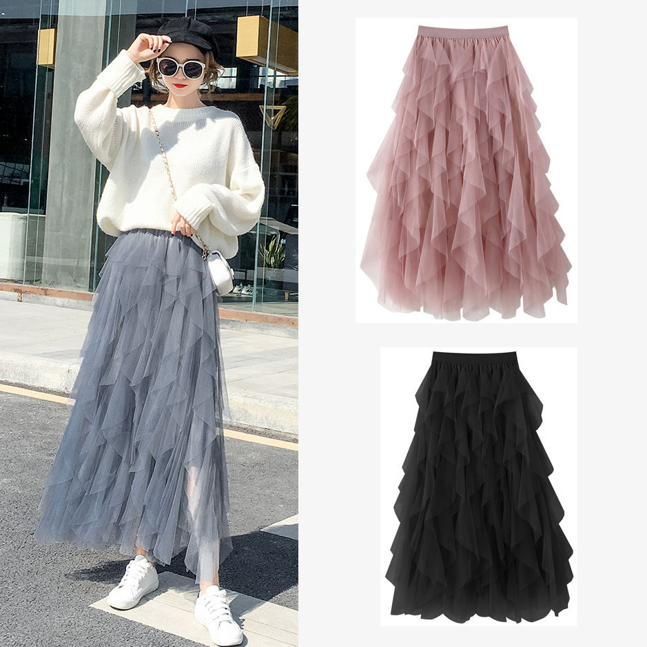 不规则春秋网纱半身裙中长款森系