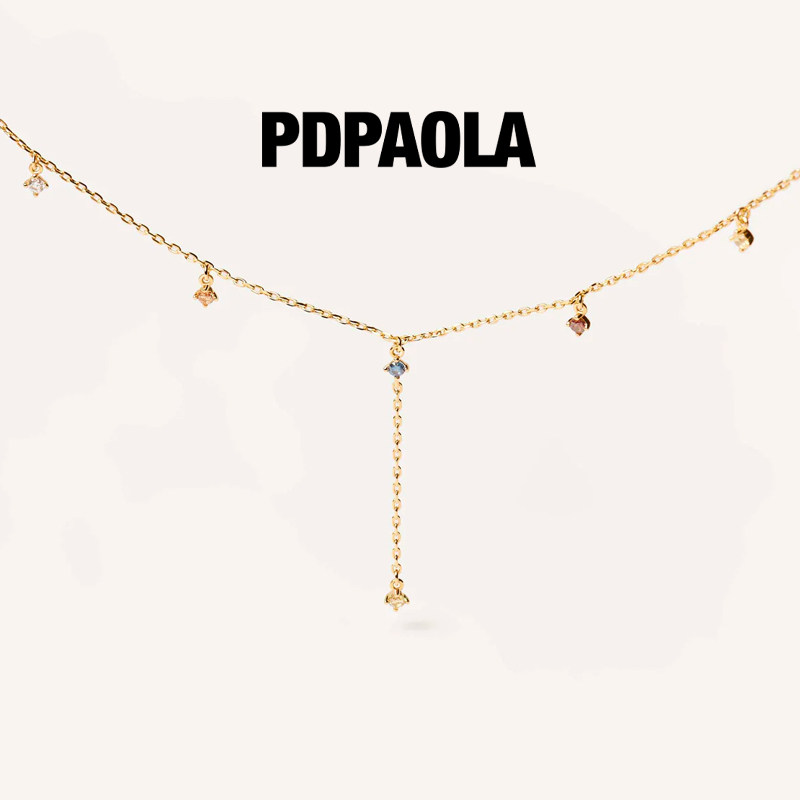 PDPAOLA彩色宝石流苏多吊坠长款项链镀18k金锁骨链女新年礼物Mana