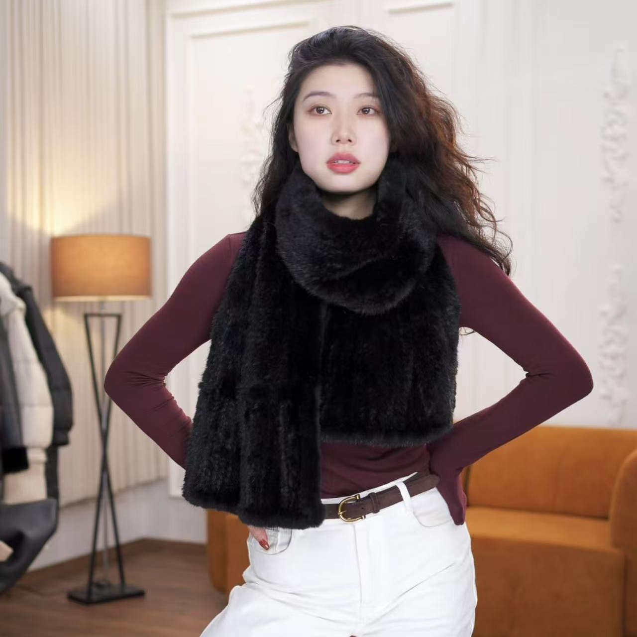 水貂毛宽围巾轻奢高级手工编织双面毛1.8米长围巾