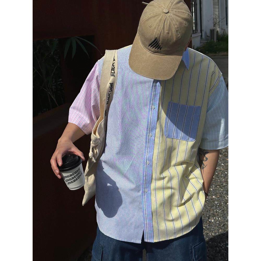 【现货】SOLAR BEAMS 彩色条纹拼接打底常熟牛津短袖男女衬衫