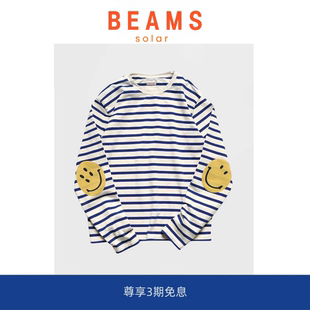 男女情侣休闲纯棉长袖 BEAMS宋佳条纹笑脸印花 SOLAR T恤 现货