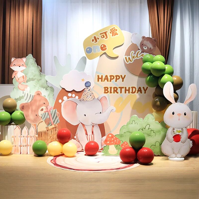 森系宝宝周岁生日场景布置装饰满月酒百天宴男女手绘动物kt板定制