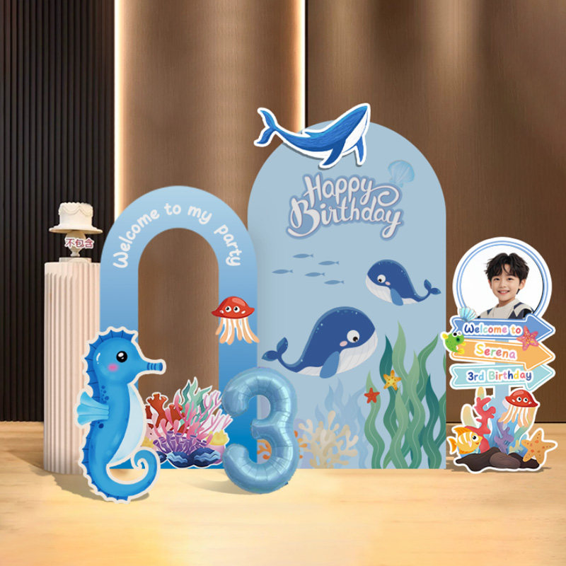 海底总动员海豚鲸鲨鱼主题男女孩生日装饰场景布置学校儿童背景墙