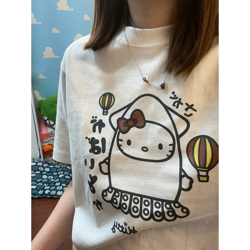 广州十三行夏季外贸~纯棉百搭趣味可爱KT猫短袖T恤男女休闲上衣服