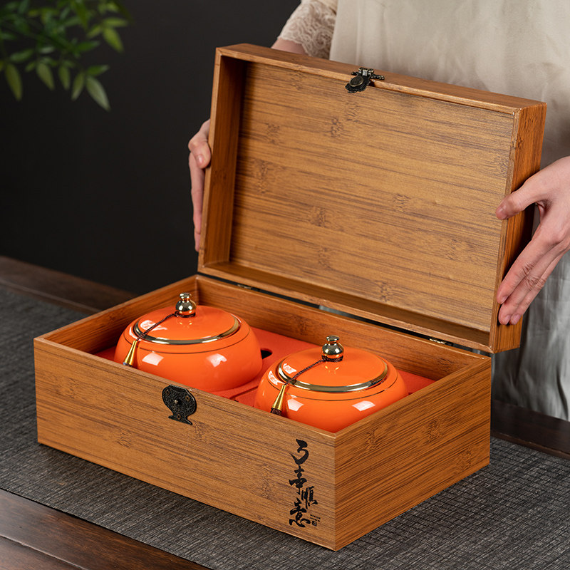 万事顺意  陶瓷茶叶罐密封罐双罐高档中式礼盒套装普洱绿茶收纳盒