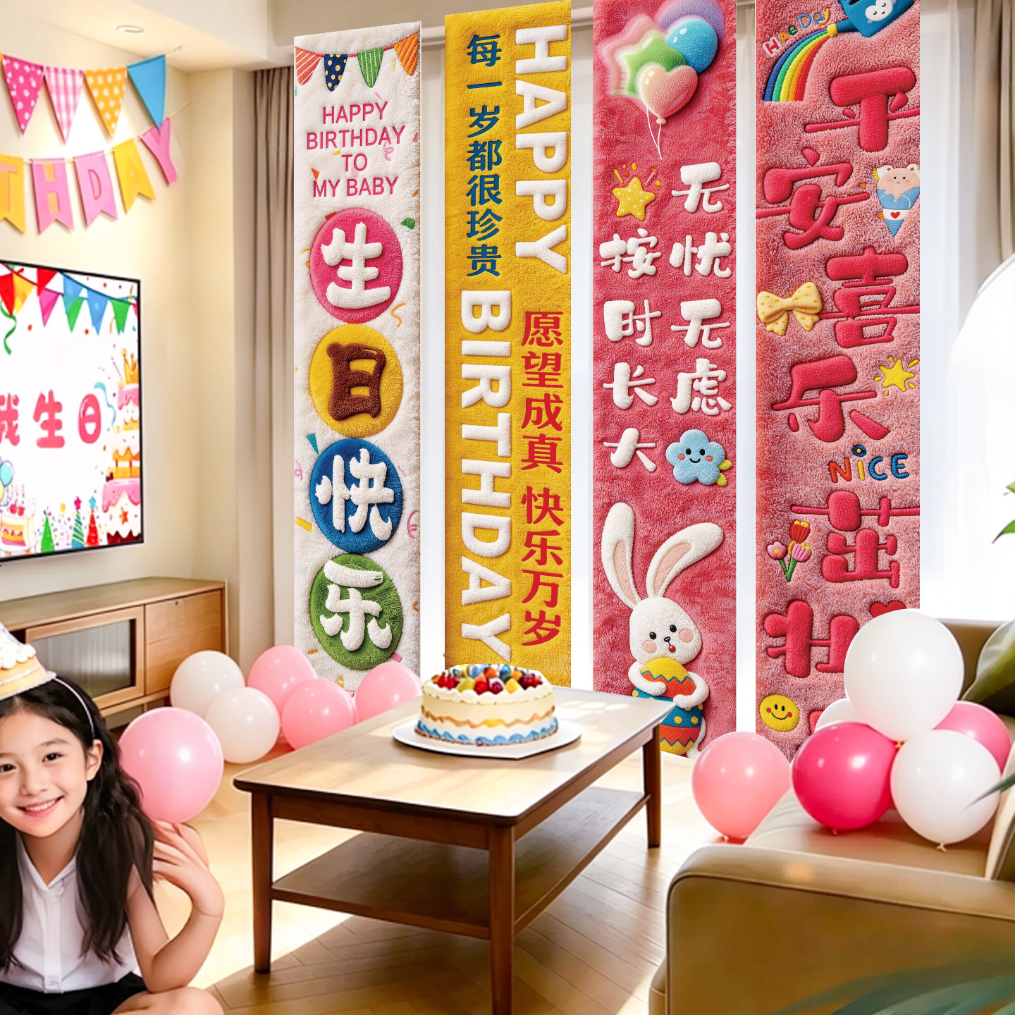 宝宝生日快乐条幅周岁礼挂布装饰小女孩男孩布置儿童背景拍照道具