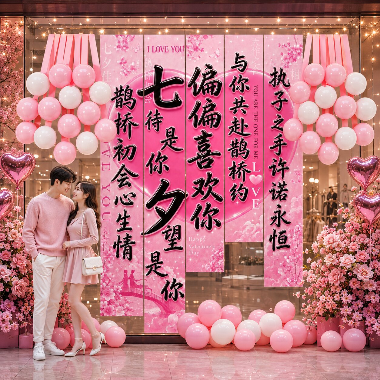 七夕氛围布置场景装饰挂布挂饰情人节商场橱窗门店打卡背景墙条幅