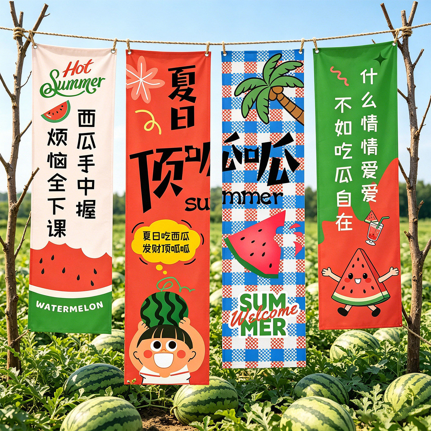 夏日主题挂布定制幼儿园西瓜派对氛围装饰竖条幅网红店铺夏天拍照
