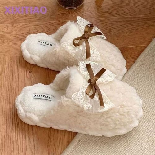 冬季棉拖鞋女款学生版蝴蝶结厚底防滑保暖居家休闲百搭家庭拖鞋