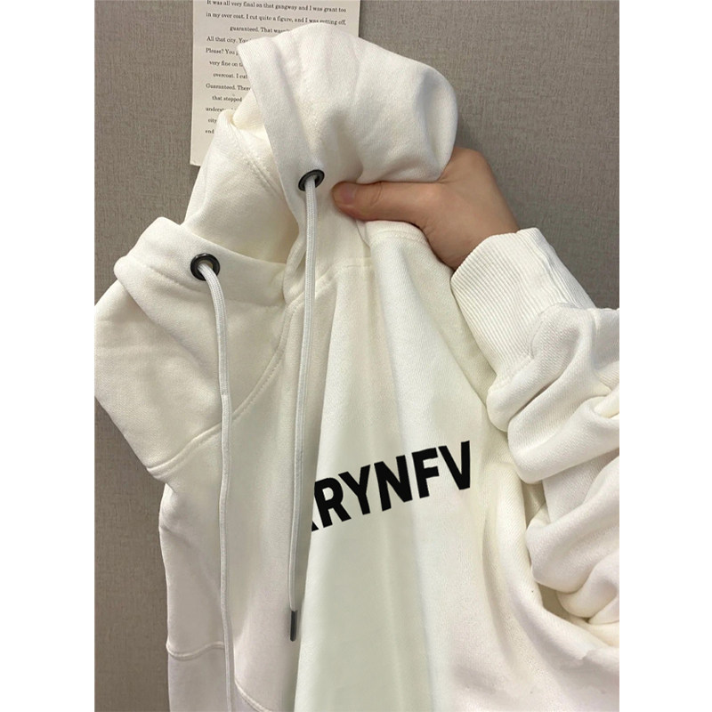 아메리칸 레트로 심플 스타일 레터 프린트 후드 티셔츠 남성 가을 겨울 트렌디 스트리트 벨벳 루스 자켓