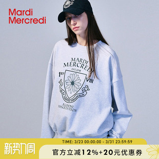 MardiMercredi小雏菊学院风徽章印花圆领卫衣复古美式 宽松上衣女
