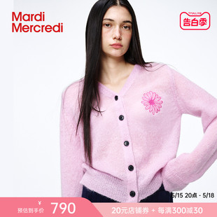 绵羊毛混纺百搭上衣女士新品 MardiMercredi小雏菊刺绣V领针织开衫