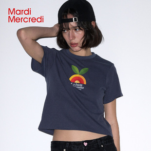 MardiMercredi元 气植物图案印花白色短袖 t恤上衣女修身 正肩新款