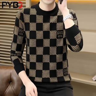 高端毛衣男士秋冬季2025新款潮流格子修身保暖针织打底衫男款内搭