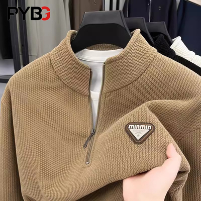 立领半高拉链卫衣男款2025春秋冬新款加绒加厚条纹针织衫毛衣男士