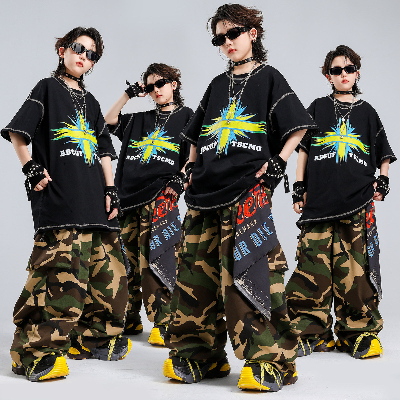 少儿街舞演出服男女童hiphop迷彩套装儿童夏季酷炫炸街舞台表演服