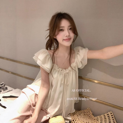 AS OFFICIAL夏季法式氛围感立体花边百搭显瘦套头飞飞袖小衫27022