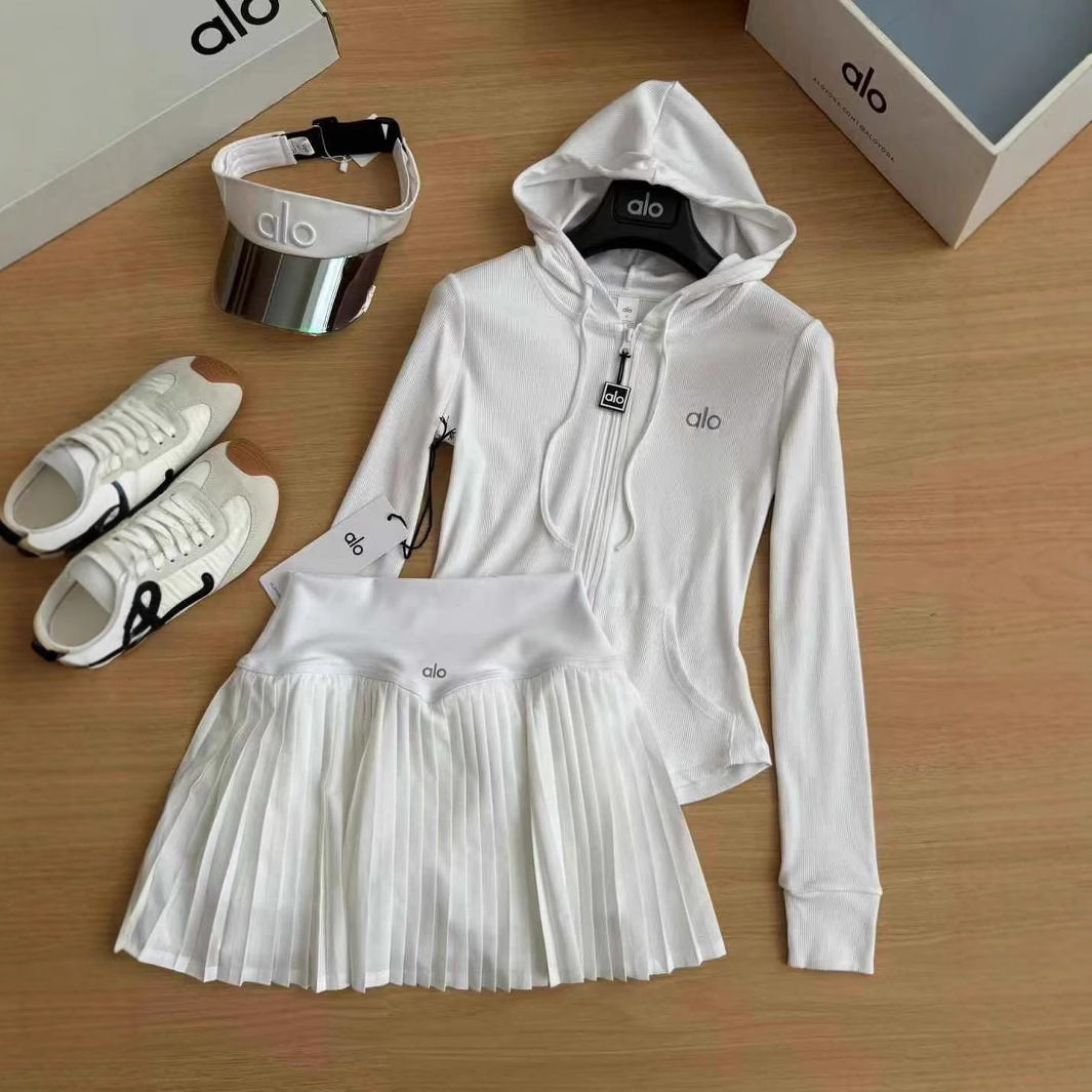 现货alo高品质连帽拉链外套百褶裙套装两件套修身百搭瑜伽运动