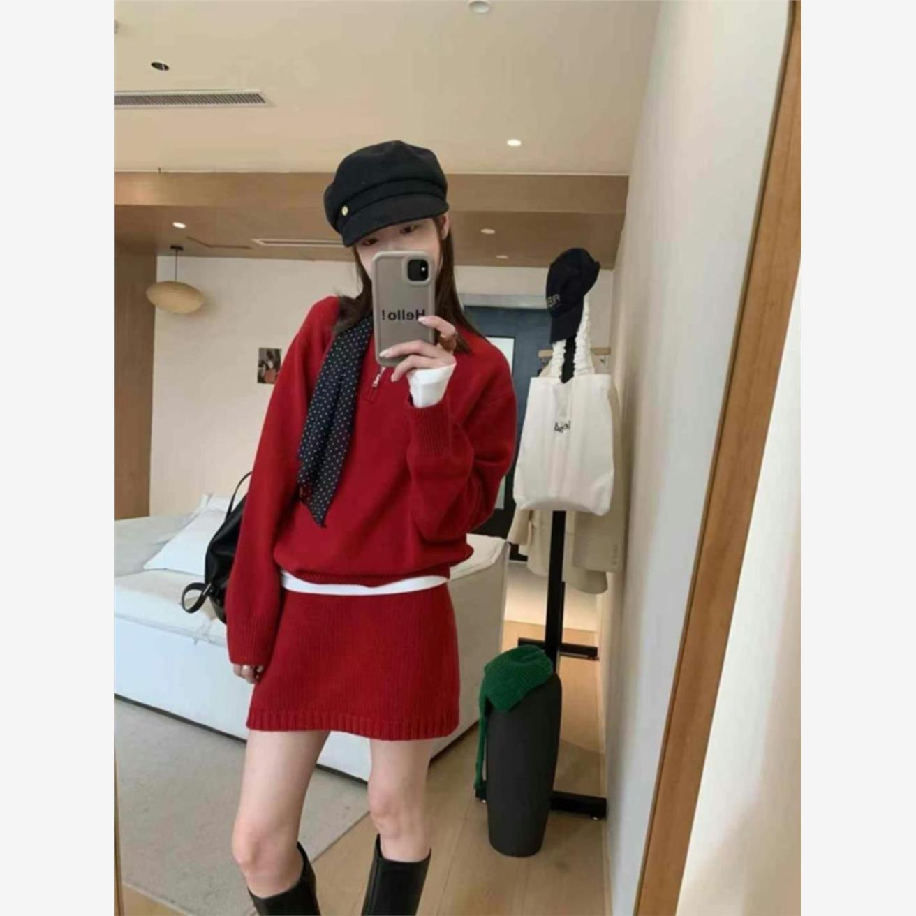 小个子穿搭红色针织套装裙女秋冬新款韩版宽松休闲半身裙子两件套