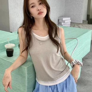 打底衫 蘭精天絲背心女遮副乳設計感小吊帶外穿假兩件內搭爆款 夏季