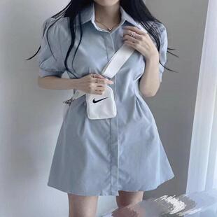 蓝色polo领衬衫连衣裙女2025夏季法式短裙收腰显瘦a字短袖裙