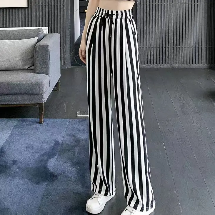 冰丝阔腿裤女夏季薄款高腰垂感宽松女裤黑白竖条纹运动休闲直筒裤