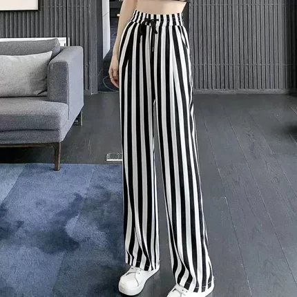 冰丝阔腿裤女夏季薄款高腰垂感宽松女裤黑白竖条纹运动休闲直筒裤