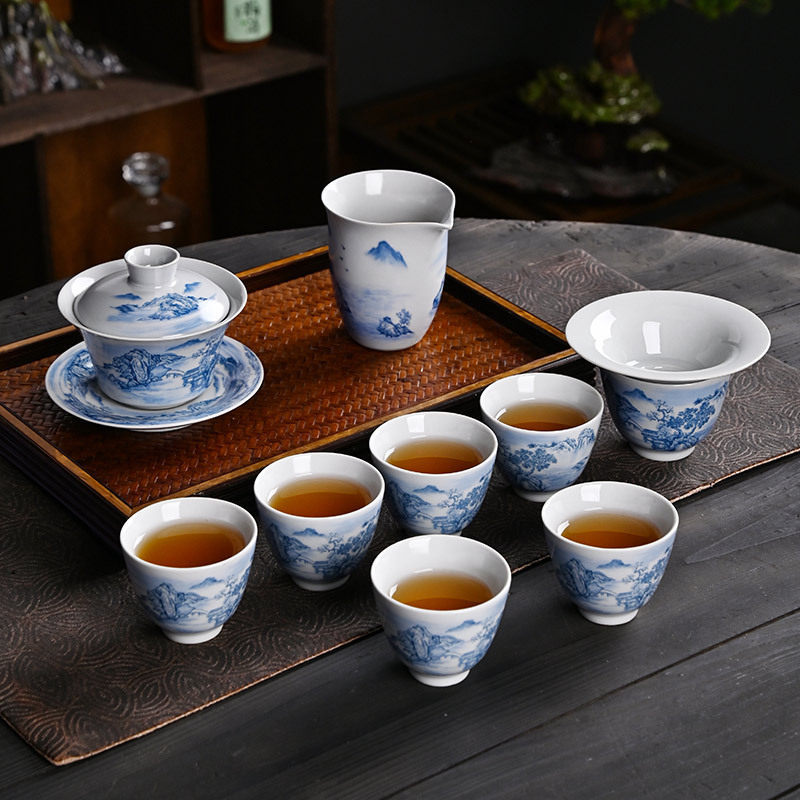 手绘山水复古青花瓷茶具套装家用陶瓷盖碗茶杯礼盒装商务活动礼品