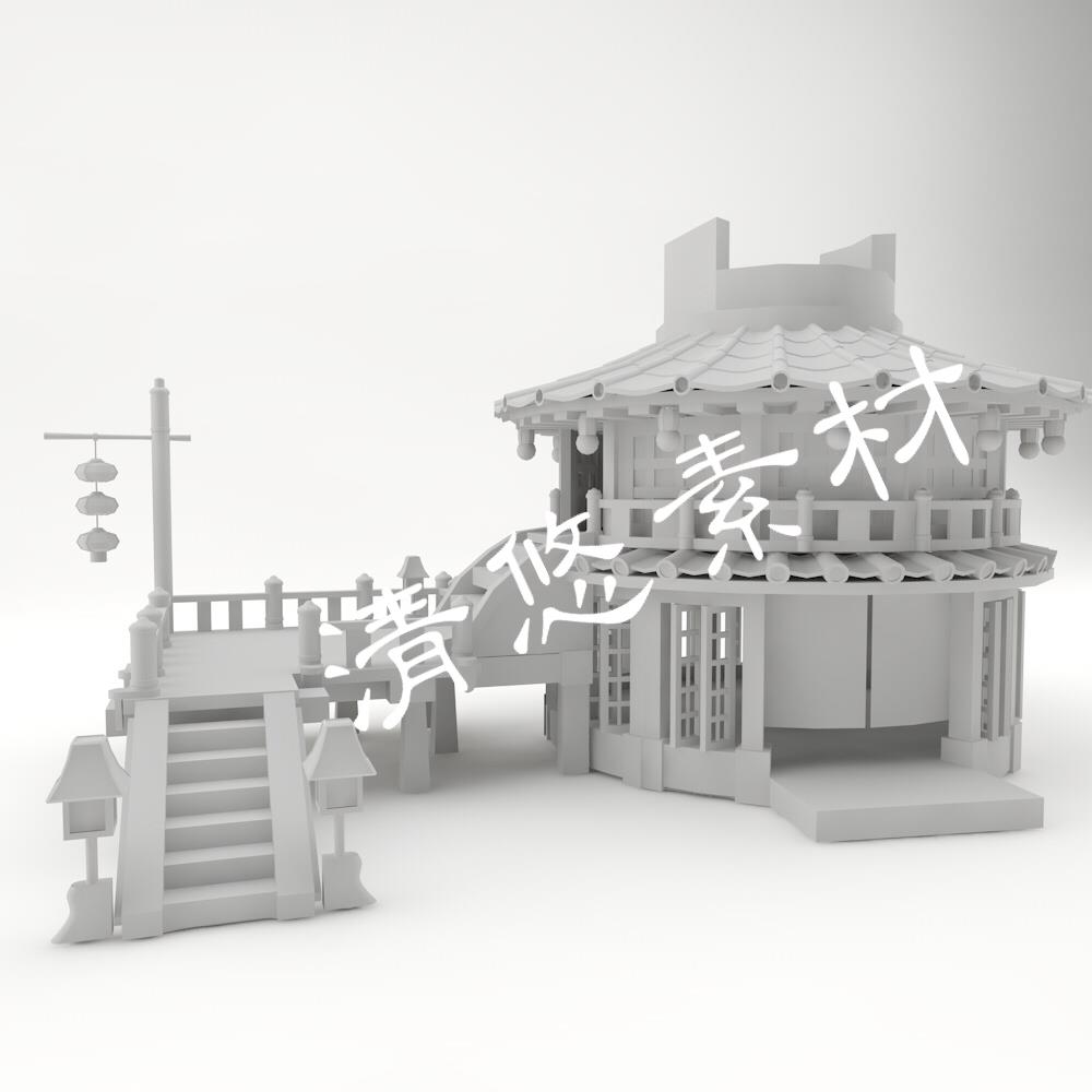 中国风古代卡通古建筑maya c4d fbx obj小房子模型文件白模 A50