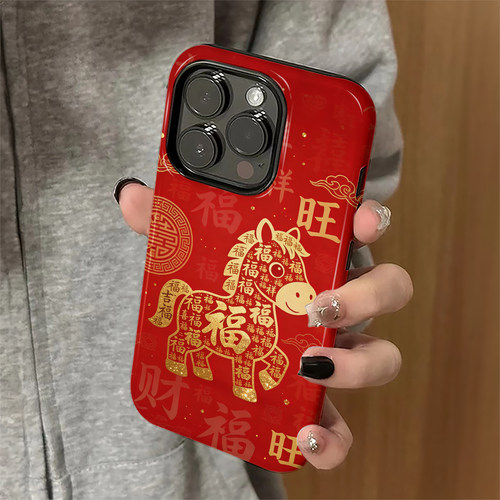 福气小马适用苹果17promax手机壳iPhone16pro马年ip15pro红色女13新年14新款xsmax12防摔11保护套8/7plus菲林