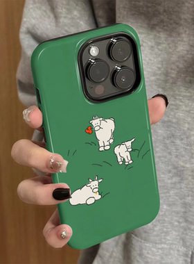 适用苹果15promax手机壳iPhone16新款iP14女12/13简约xsmax菲林二合一8硅胶防摔11保护套7创意plus绿底小牛xr