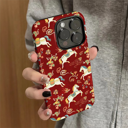 国风骏马适用苹果16promax手机壳iPhone17pro红色15pro本命年14女13新年xsmax新款12防摔11保护套8/7plus菲林