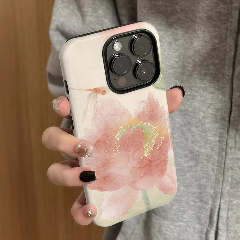 适用苹果16promax手机壳iPhone15新款iP14/13女12新年简约xsmax菲林二合一8高级防摔11保护套7plus蜻蜓荷花xr