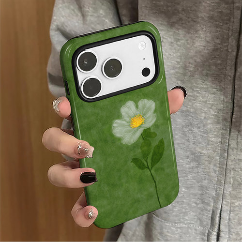绿底花朵适用苹果18promax手机壳iPhone17pro简约16新款15女14日韩防摔夏天13华为8plus小米保护套oppo菲林xs