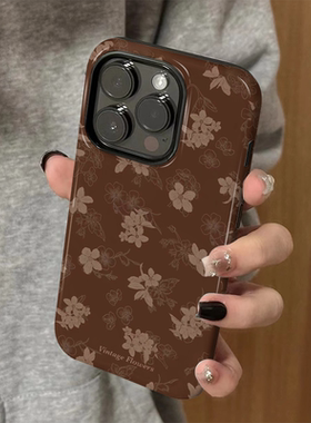 适用苹果16promax手机壳iPhone15新款iP14/13女12简约创意xsmax棕底碎花8高级防摔11薄7小众plus菲林二合一xr