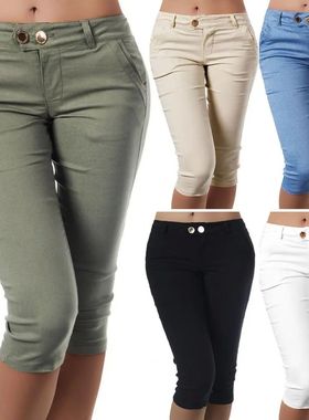 Fashion Solid Mid Rise Slim Fit Capris时尚纯色中腰修身七分裤