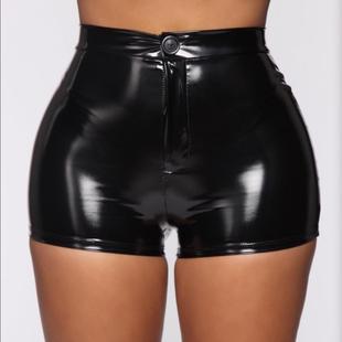 Faux Leather Tight Fashion 仿皮紧身短裤 Color Shorts 女 Solid