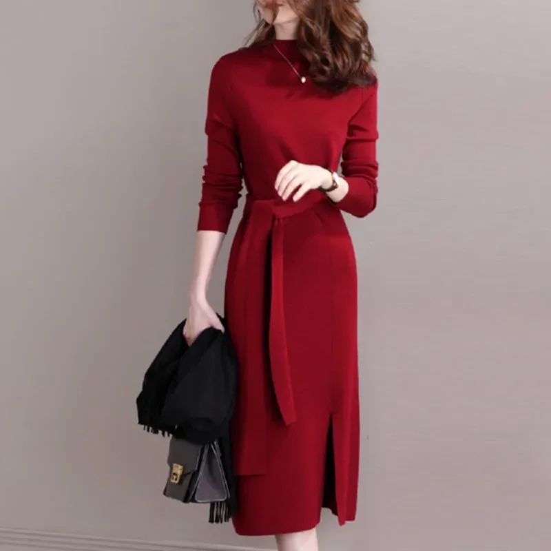 Solid color high neck knitted slit dress高领针织开叉连衣裙女