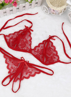 Sexy lace strap bra thong set 性感蕾丝绑带文胸丁字裤套装女士
