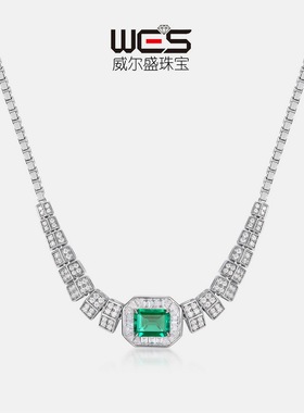 威尔盛新款培育祖母绿晚装链吊坠S925银镀18K金镶嵌彩宝宝石项链