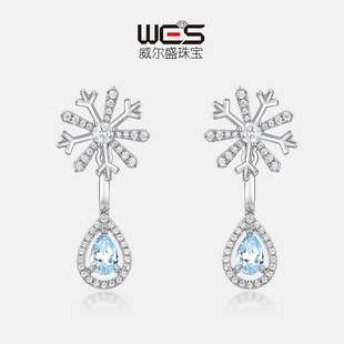 新款雪花两戴耳钉S925银镀18K金镶嵌彩宝宝石天空蓝托帕石耳饰风