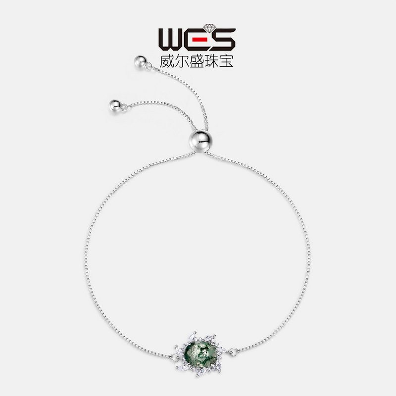新品S925银镀18K金镶嵌彩宝宝石手链女款绿苔藓石水草玛瑙手饰