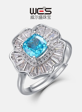 新款花朵戒指S925银镀18K金镶嵌彩宝宝石冰花切高碳钻开口指戒风